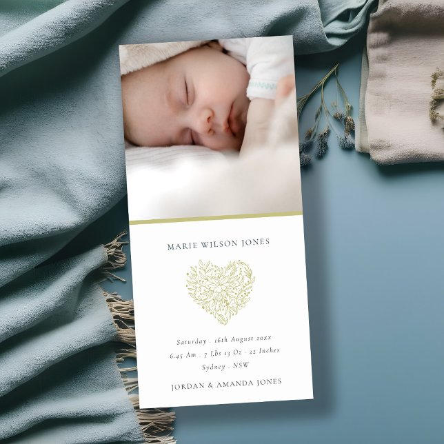 Green Floral Heart Photo Baby Birth Announcement  (Creator Uploaded)