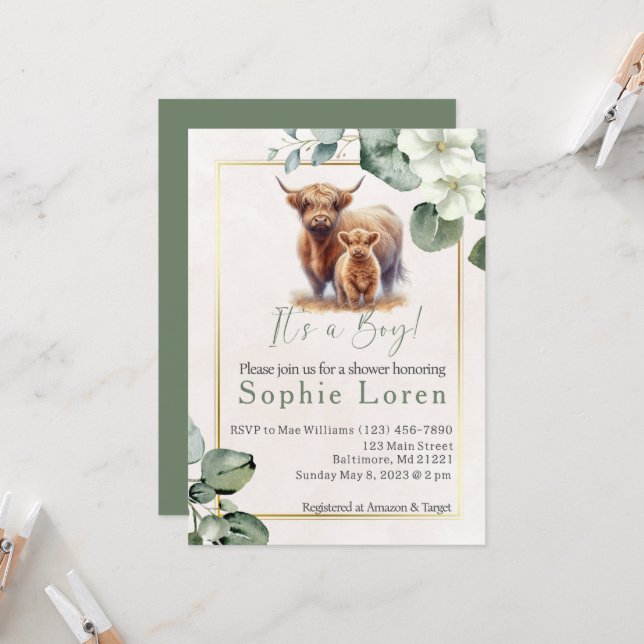 Green floral Highland cow baby shower invitation  (Front/Back In Situ)