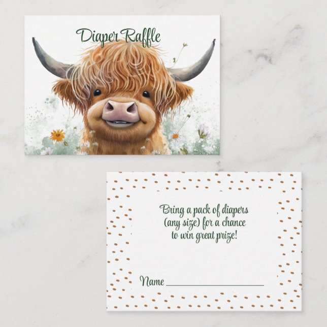 Green floral Highland cow Diaper Raffle  Enclosure Card (Front/Back)