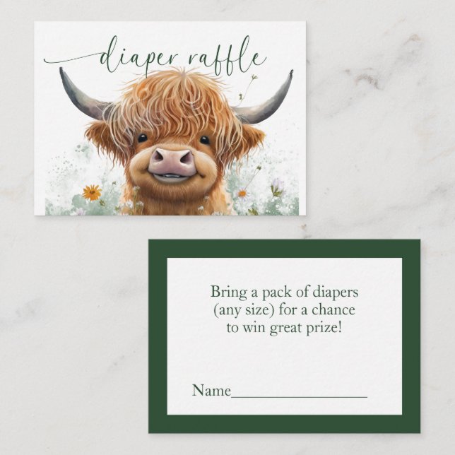 Green floral Highland cow Diaper Raffle  Enclosure Card (Front/Back)