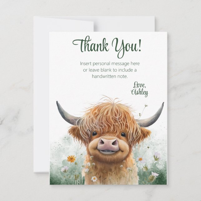 Green floral Highland cow thank you card (Front)