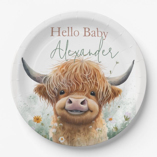 Green floral Highland cow welcome baby plates (Front)