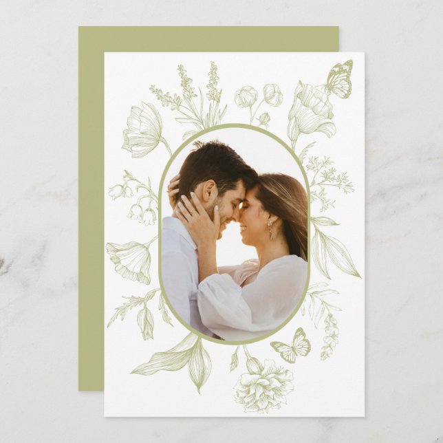 Green Floral Line Art Floral Butterfly Photo Thank You Card (Front/Back)