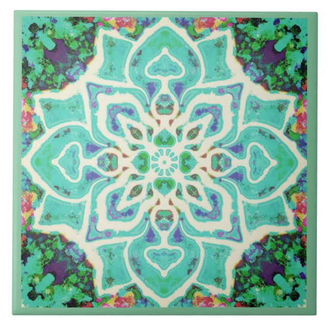 Green floral mandala Mediterranean retro Ceramic Tile (Front)