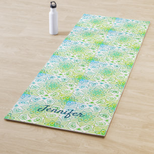 Green Floral Mandala Pattern on White Background Yoga Mat