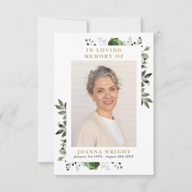 Green Floral Memorial Funeral Prayer Photo Card (Front)