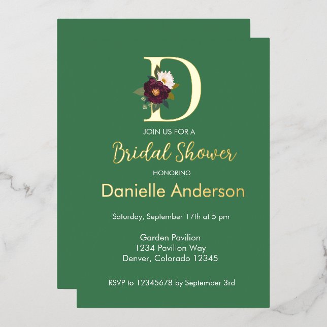 Green Floral Monogram Letter D Bridal Shower Gold (Front/Back)