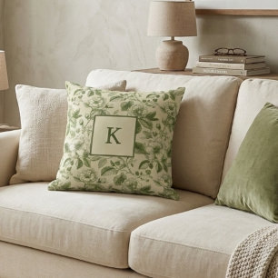 Green Floral Monogram Vintage Botanical Cushion