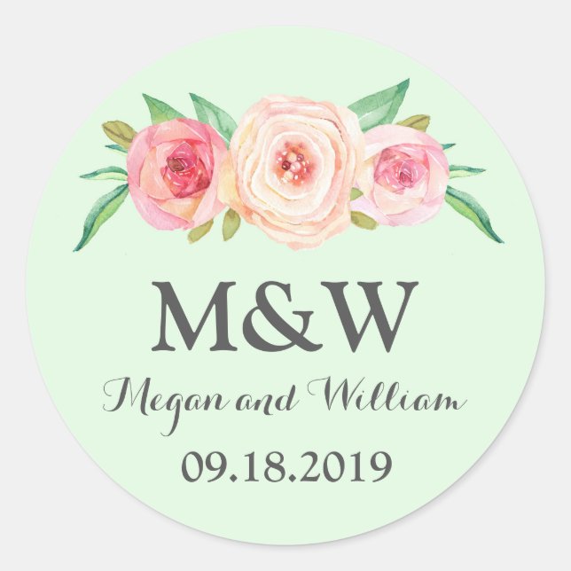 Green Floral Monogram Wedding Classic Round Sticker (Front)