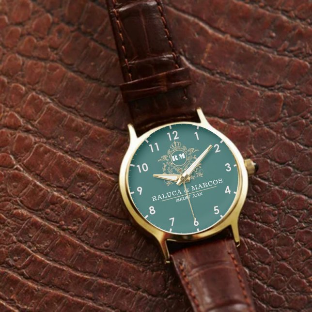  Green Floral Monogram Wedding Personalized Couple Watch (Creator Uploaded)
