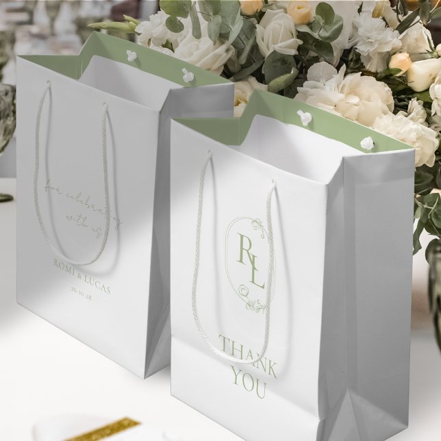 Green Floral Monogram Wedding Thank You Medium Gift Bag (Creator Uploaded)