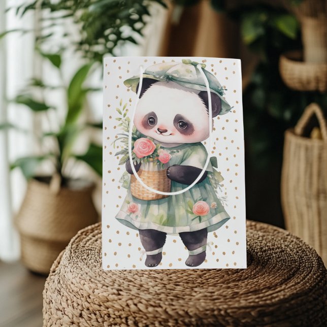 Green Floral Panda Baby Burp Cloth Medium Gift Bag (Green Floral Panda Gift Bag)