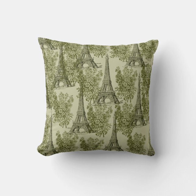 Green Floral Paris Eiffel Tower Cushion (Front)