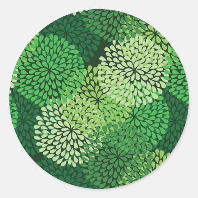 Green floral pattern classic round sticker (Front)
