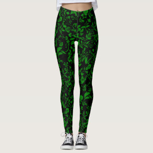 Green Floral Pattern G01. Black BG Leggings