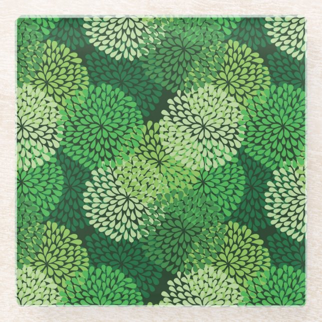 Green floral pattern glass coaster (Front)