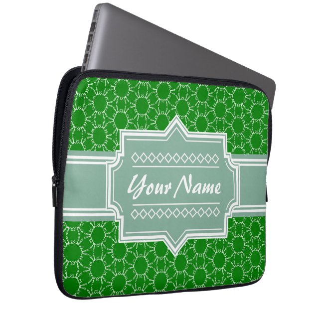 Green Floral Pattern Personalised Name Laptop Sleeve (Front Right)
