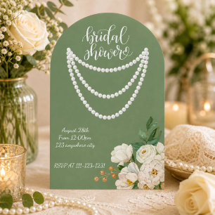 Green floral pearls bridal shower invitation