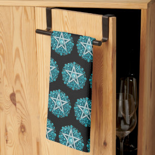 Green Floral Pentagram Witch Black Halloween Tea Towel