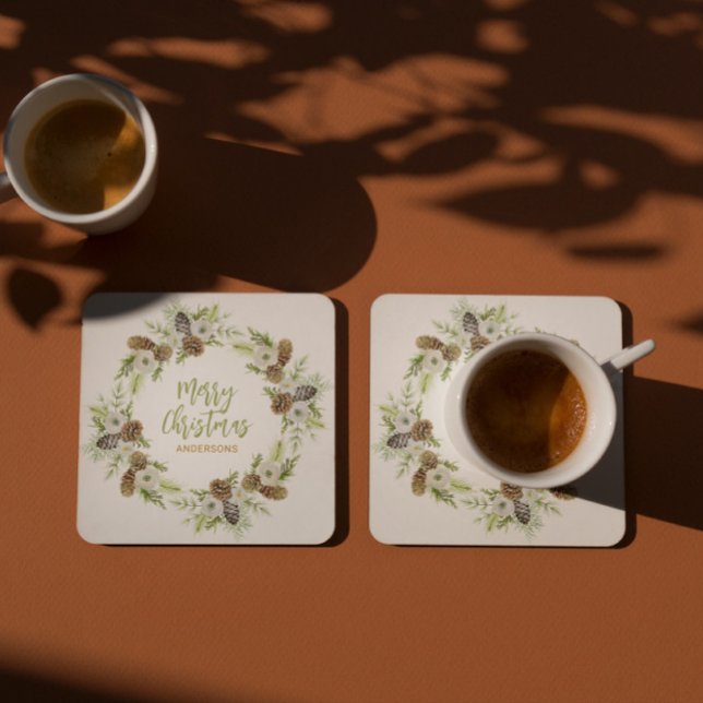 Green Floral Pines Christmas Wreath 2 Square Paper Coaster (Creator Uploaded)