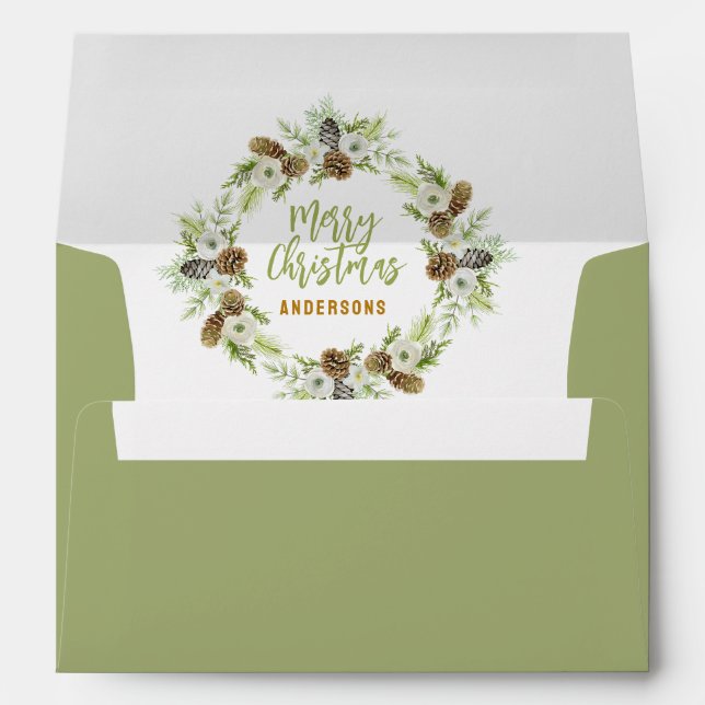 Green Floral Pines Christmas Wreath Envelope (Back (Bottom))