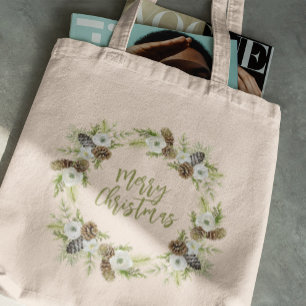 Green Floral Pines Christmas Wreath Tote Bag