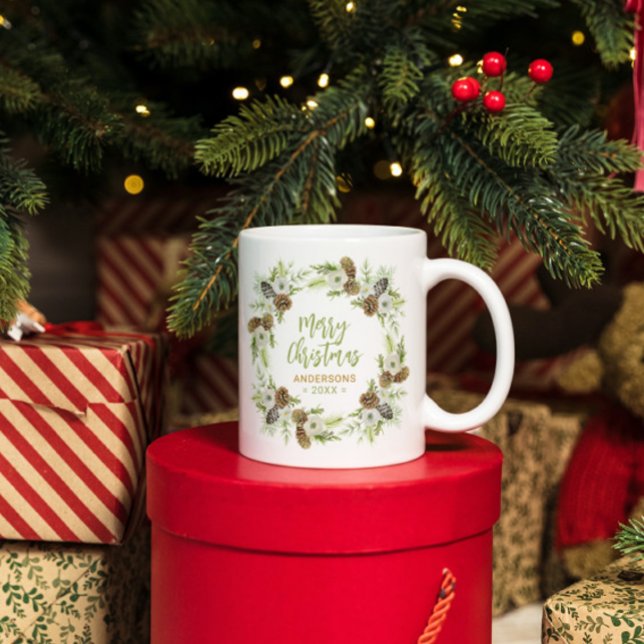 Green Floral Pines Christmas Wreath Two-Tone Coffee Mug (Creator Uploaded)