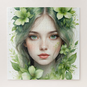 Green Floral Portrait of a woman Jigsaw Puzzle