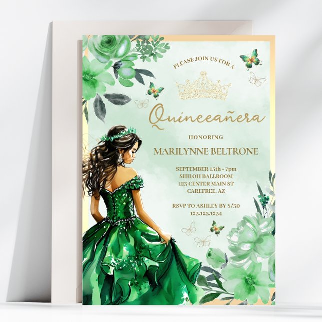 Green Floral Princess Butterfly Quinceañera  Invitation (Creator Uploaded)