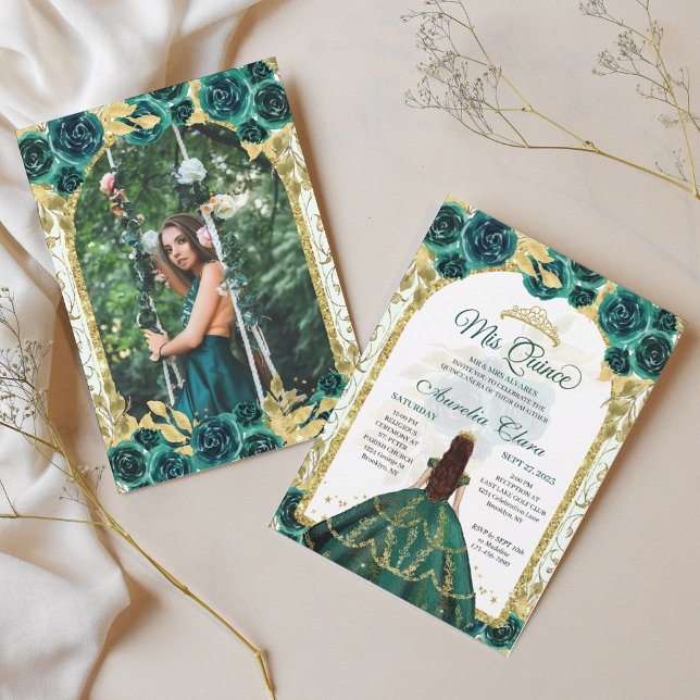 Green Floral Princess Gold Arch Photo Quinceanera Invitation (Creator Uploaded)