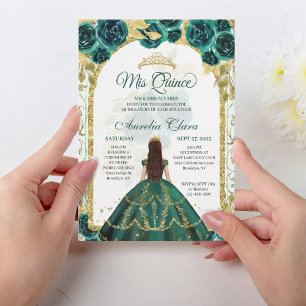Green Floral Princess Gold Arch Quinceanera Invitation