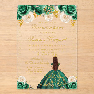 Green Floral Princess Quinceañera Acrylic Invitations