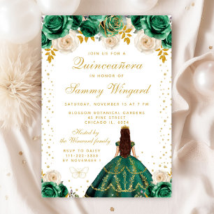 Green Floral Princess Quinceañera Invitation