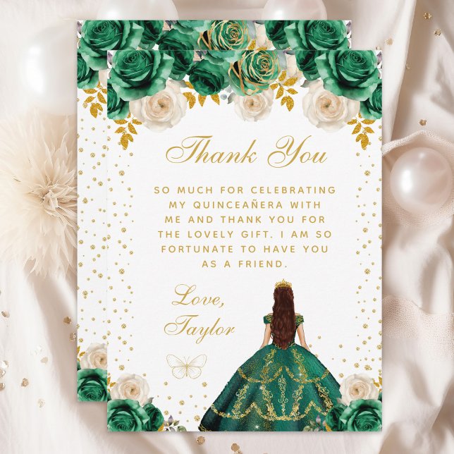 Green Floral Princess Quinceañera Thank You Card (Creator Uploaded)