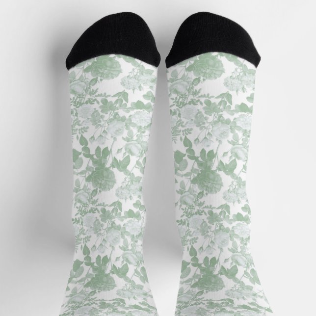 Green Floral Roses French Chinoiserie Pattern Socks (Top)