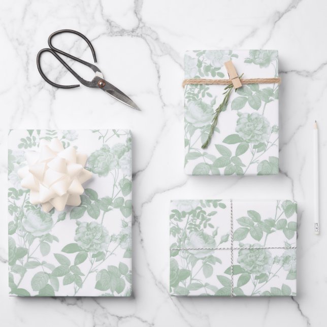 Green Floral Roses French Chinoiserie Pattern Wrapping Paper Sheet (Front)