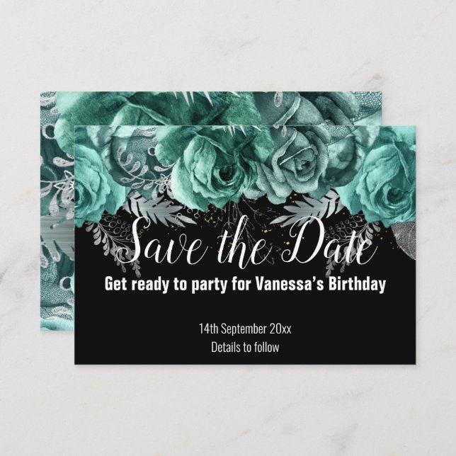 GREEN FLORAL SAVE THE DATE BLACK RSVP CARD (Front/Back)