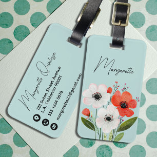 Green Floral Script Red & White Watercolor Flowers Luggage Tag