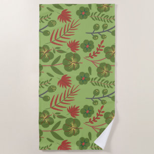 Green floral seamless pattern flower, branch, leaf beach towel