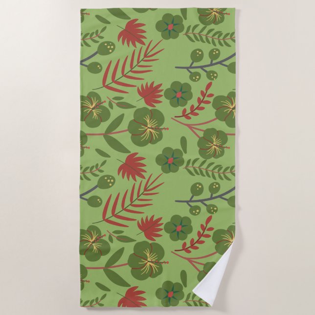 Green floral seamless pattern flower, branch, leaf beach towel (Front)