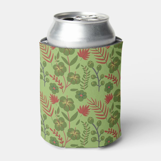 Green floral seamless pattern flower, branch, leaf can cooler (Can Front)