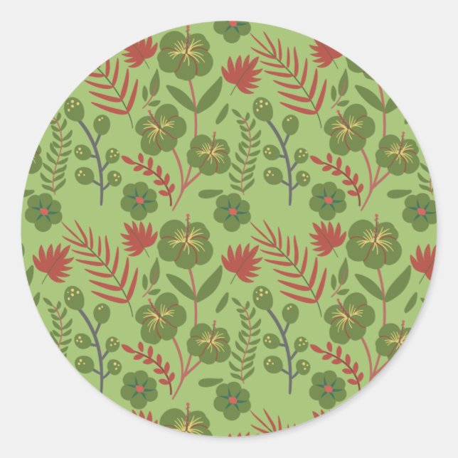 Green floral seamless pattern flower, branch, leaf classic round sticker (Front)