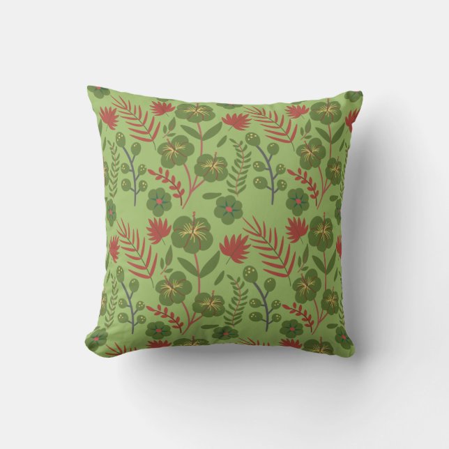 Green floral seamless pattern flower, branch, leaf cushion (Front)