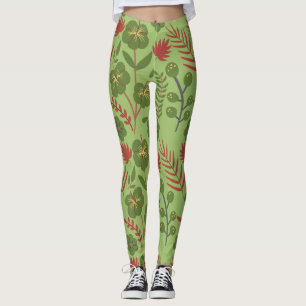 Green floral seamless pattern flower, branch, leaf leggings