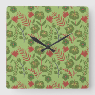 Green floral seamless pattern flower, branch, leaf square wall clock