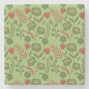 Green floral seamless pattern flower, branch, leaf stone coaster