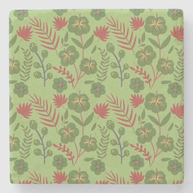 Green floral seamless pattern flower, branch, leaf stone coaster (Front)