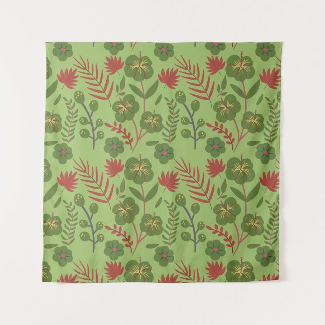 Green floral seamless pattern flower, branch, leaf tapestry (Front)