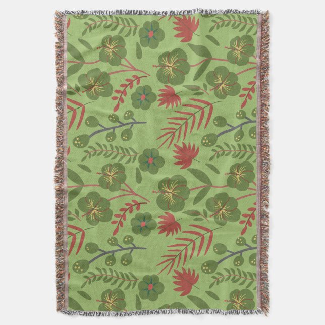 Green floral seamless pattern flower, branch, leaf throw blanket (Front Vertical)