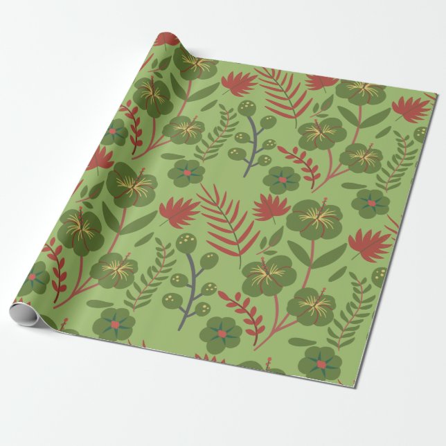Green floral seamless pattern flower, branch, leaf wrapping paper (Unrolled)